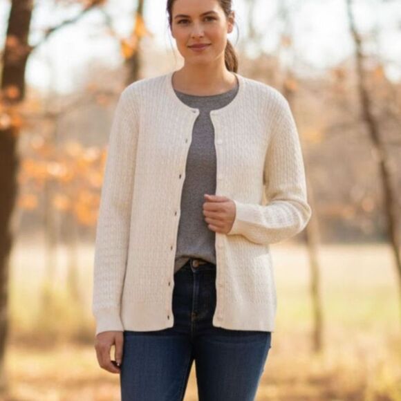 Lands' End Cable Knit Button Front Cardigan Ivory/Cream Large 14-16 100% Cotton - Picture 1 of 8